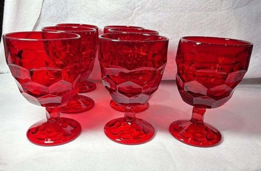 Set of 7 Vintage Viking Glass Georgian Ruby Red Honeycomb Water Goblets
